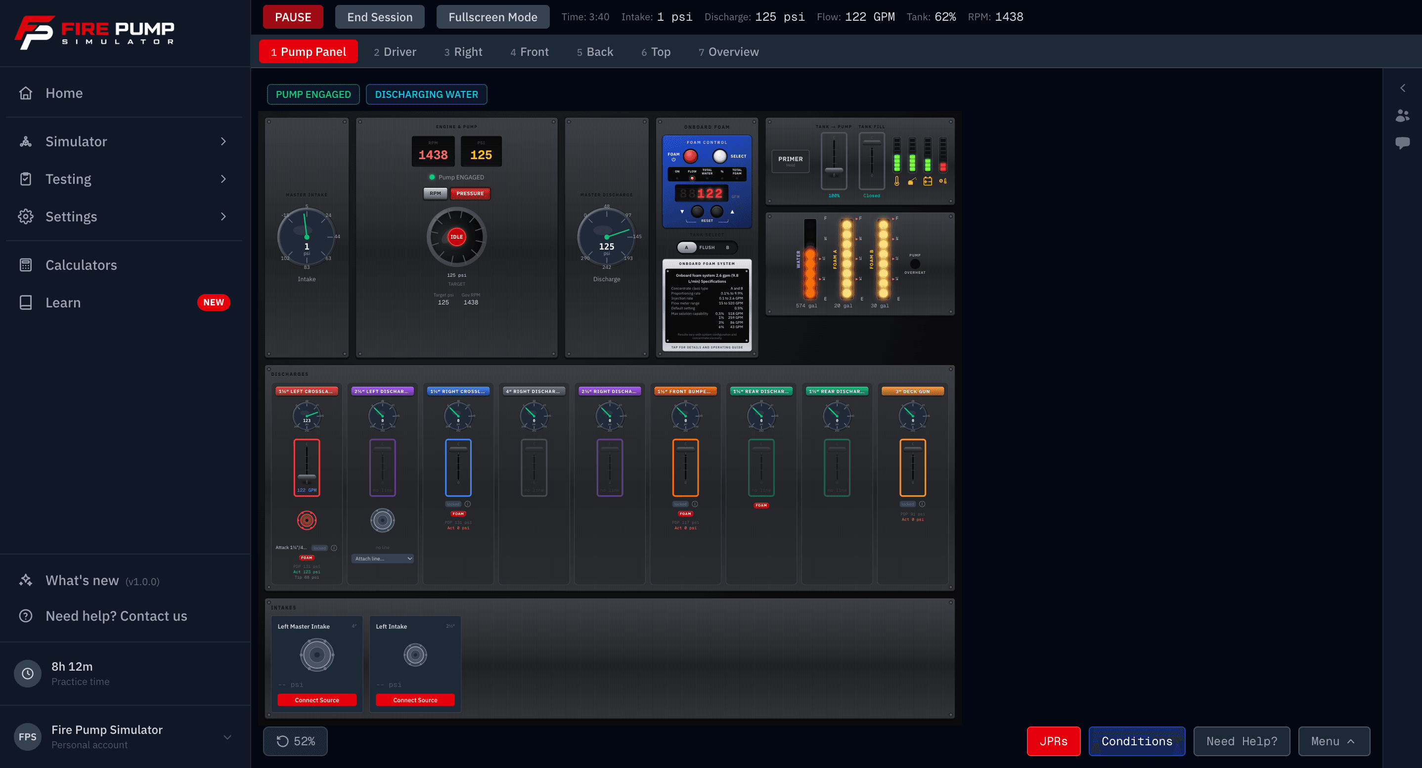 Fire Pump Simulator pump panel: the same panel you will operate on the NFPA 1002 pump operator certification practical, with discharge pressure gauges, intake gauge, throttle and RPM, individual discharge valves, and water source selection.