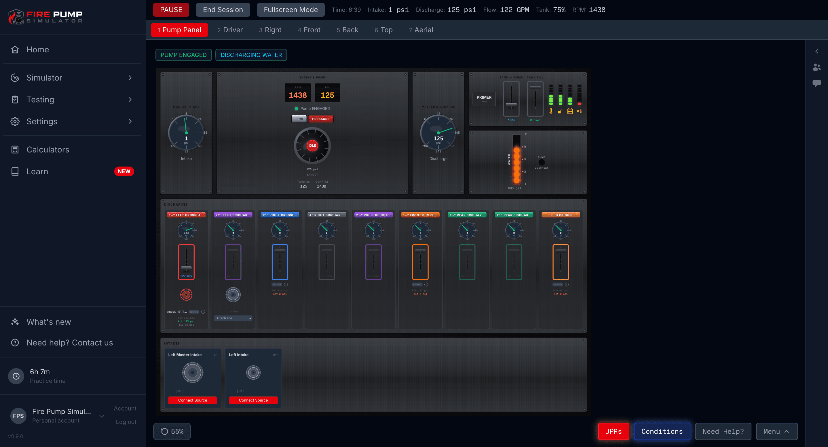 Fire Pump Simulator pump panel: the same panel you will operate on the NFPA 1002 pump operator certification practical, with discharge pressure gauges, intake gauge, throttle and RPM, individual discharge valves, and water source selection.